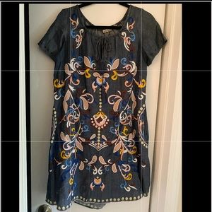 Anthropologie Denim Embroidered Dress